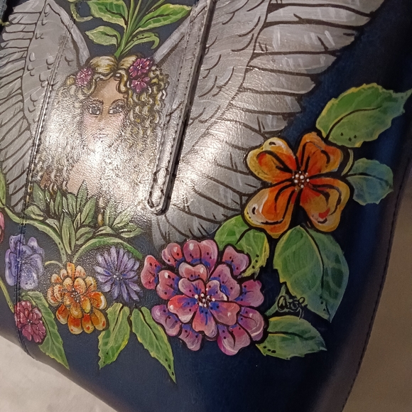 Unique HAND PAINTED Genuine LEATHER Tote Bag *NWT* Teal Blue Angel Fairy flowers - Picture 4 of 12